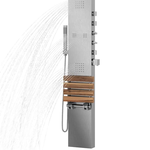 Oahu 4-Jet Shower System with Folding Teak Seat and Matte Stainless Steel Panel with Polished Chrome Fixtures Oahu 4-Jet Shower System with Folding Teak Seat and Matte Stainless Steel Panel with Polished Chrome Fixtures