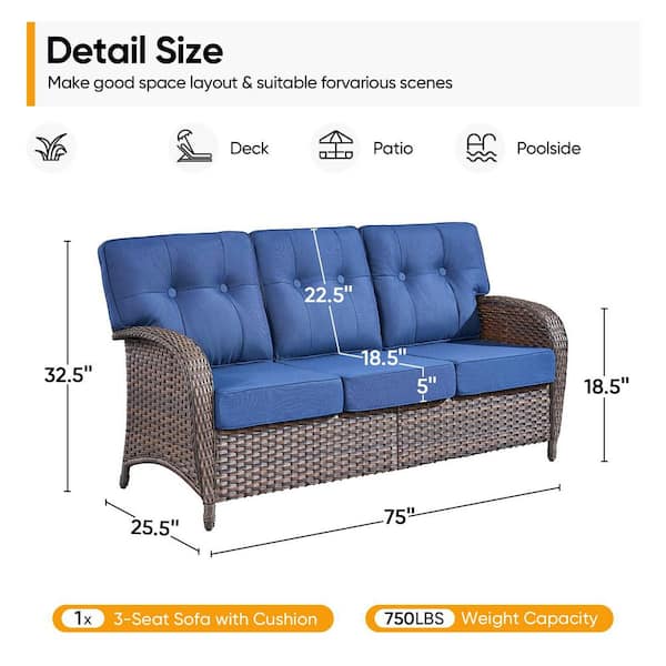T-Frame 3-Seat Brown PE Wicker Outdoor Couch with Olefin Blue 5 in. Thick Cushions /Patio Sofa Furniture