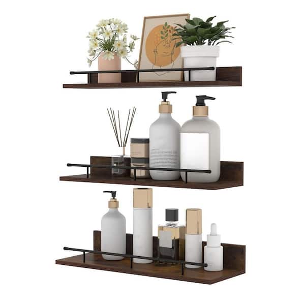 15.7 in. W x 5.5 in. D Wood Brown Decorative Wall Shelf with Metal Guardrail