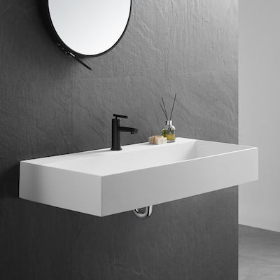 Wall-Mount Install or On Countertop Bathroom Sink 40 in. with Single Faucet Hole in Matte White