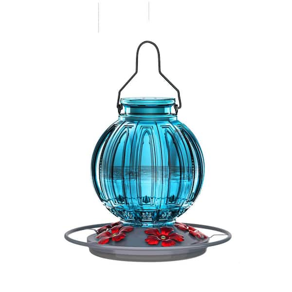 Phewnyzo Leak Proof Blue Glass Hanging Humming Bird Nectar Feeder-26 oz. (1-Pack)