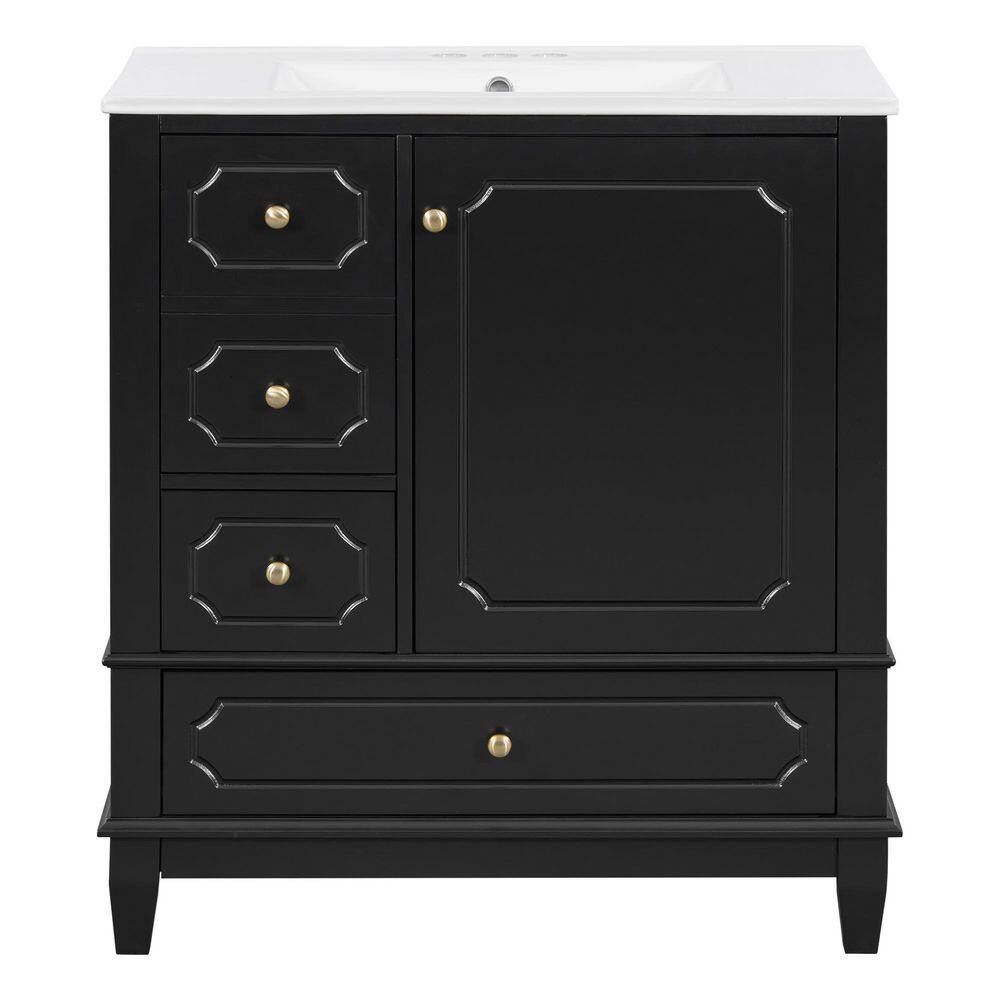 30 in. Single Sink Freestanding Black Bath Vanity with White Ceramic Top, Soft-Close Door, 3 Drawers, Door Racks price history on PriceWatchPro