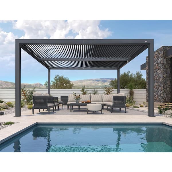 PURPLE LEAF 11 ft. x 14 ft. Gray Louvered Pergola Outdoor Aluminum Pergola with Adjustable Roof for Deck Backyard Hardtop Gazebo