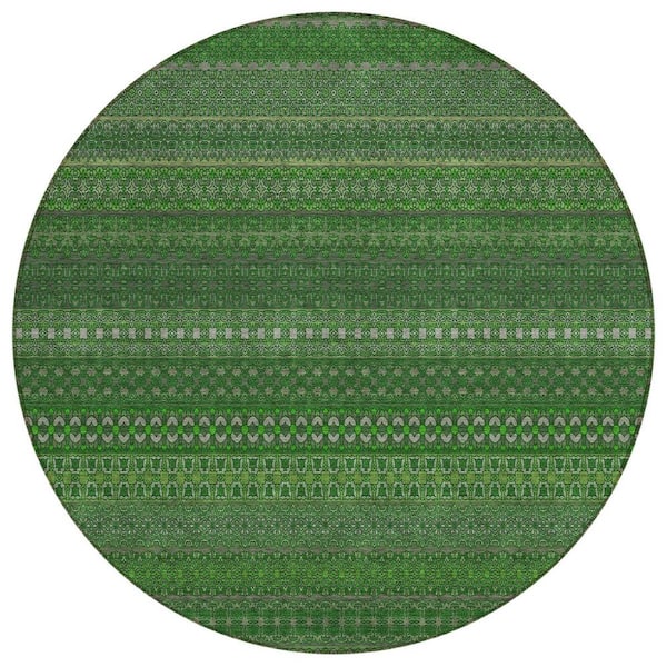Fern Green 8 ft. Round Woven Striped Polyester Round Indoor/Outdoor Area Rug