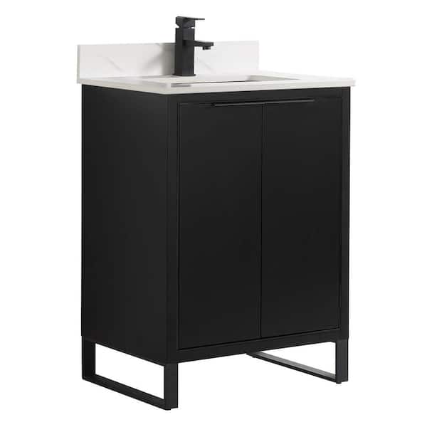 FINE FIXTURES Opulence 24 in. W x 18 in. D x 33.5 in H Bath Vanity in Black Matte with White Carrara Single Sink Stone Top