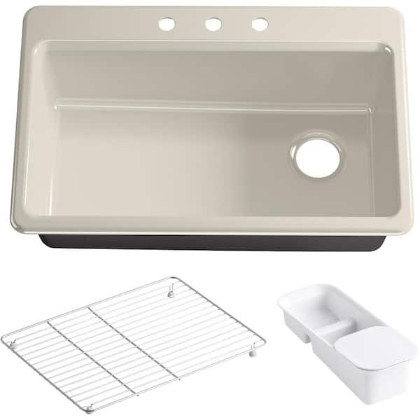 KOHLER Riverby Drop-In Cast-Iron 33 in. 3-Hole Single Bowl Kitchen Sink Kit with Accessories in Sandbar