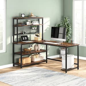 Lanita 55 in. L-Shaped Brown Wood Computer Desk with Wireless Charging and 5-Tier Bookshelf for Home Office