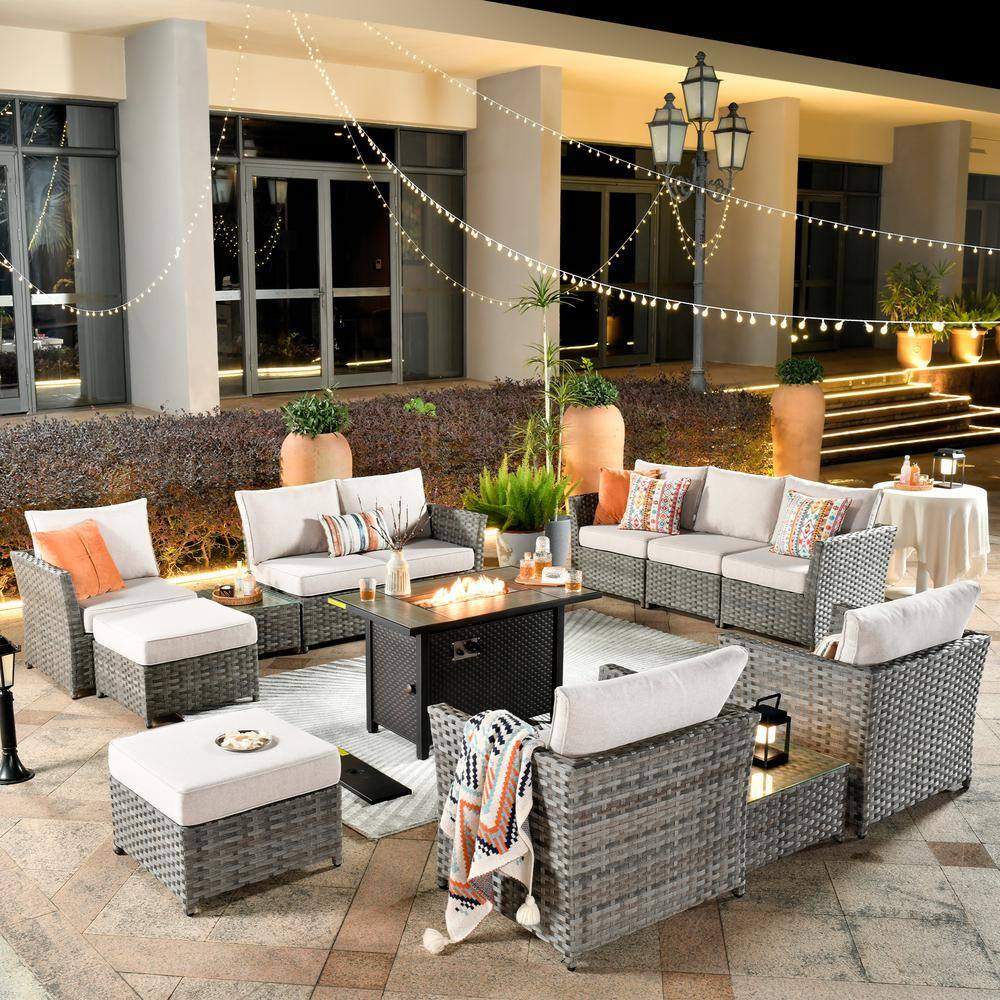 Prosperine Gray 13-Piece Wicker Outerdoor Patio Rectangular Fire Pit Sectional Seating Set with Beige Cushions price history on PriceWatchPro