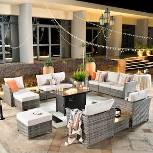 Prosperine Gray 13-Piece Wicker Outerdoor Patio Rectangular Fire Pit Sectional Seating Set with Beige Cushions