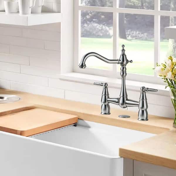 Deck Mounted Double Handle Bridge Kitchen Faucet, Bridge Basin Faucet with Hole Cover in Brushed Nickel