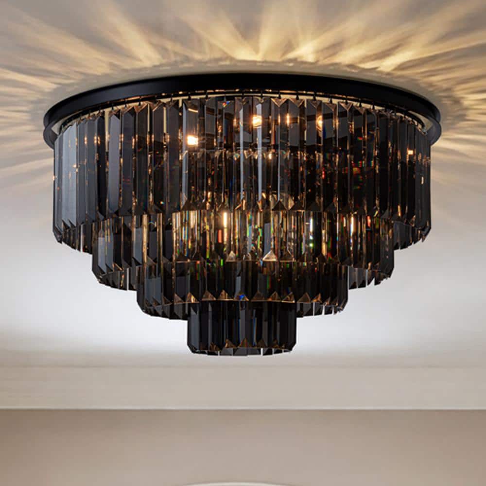 "32"" 10-Lights Modern Matte Black 4-Tier Round Fringe Flush Mount Ceiling Light with Smoke Crystal" price history on PriceWatchPro