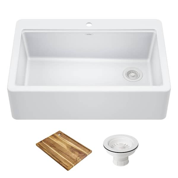 Bellucci 33 Granite Workstation Drop in Retrofit Farmhouse Single Bowl Kitchen Sink in White with Accessories