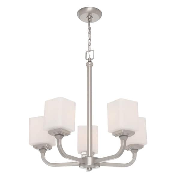 Hampton Bay 5-Light Brushed Nickel Contemporary Chandelier Frosted Glass Shade 