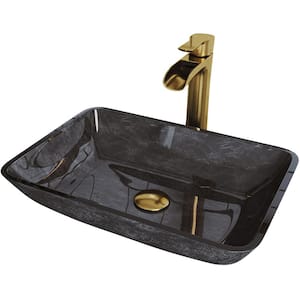 Glass Rectangular Vessel Bathroom Sink in Onyx Gray with Niko Faucet and Pop-Up Drain in Matte Gold