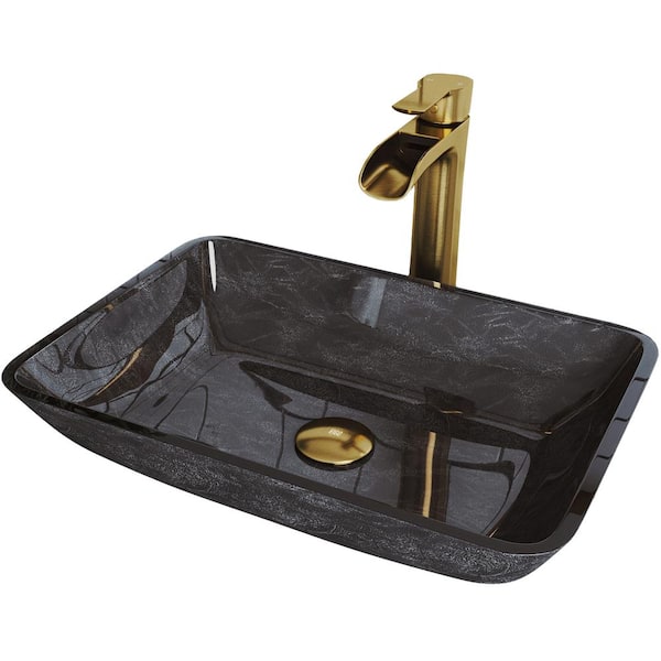 VIGO Glass Rectangular Vessel Bathroom Sink in Onyx Gray with Niko Faucet and Pop-Up Drain in Matte Gold