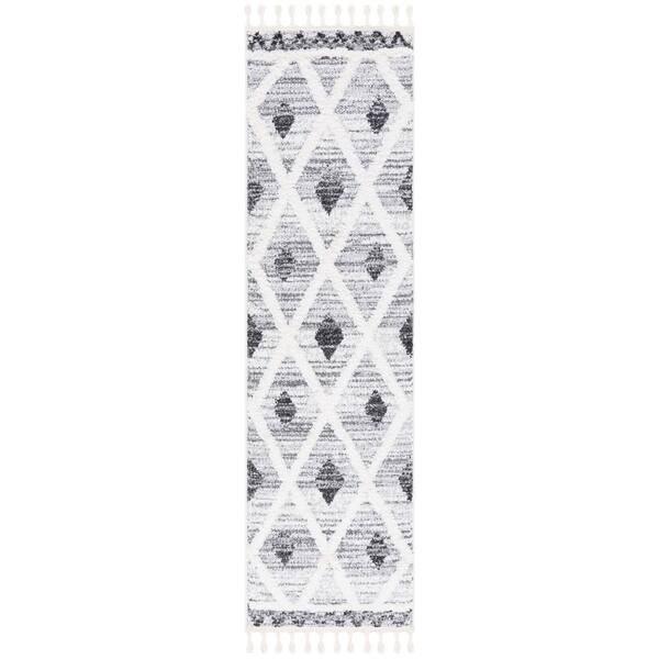Moroccan Tassel Shag 2 ft. x 8 ft. Gray/Ivory Zig-Zag Border Diamond Runner Rug