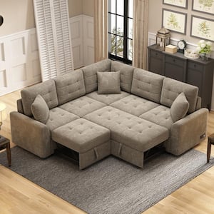 82.6 in. L Shaped Corded Velveteen Sectional Sofa Pull-out Sleeper Sofa in Khaki with Handy USB Ports and Sockets