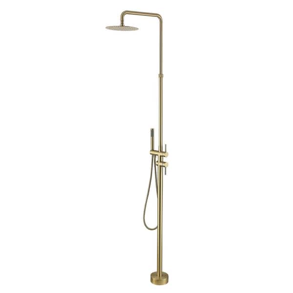2-Handle 2-Spray Outdoor Freestanding Shower Faucet Kit 1.8 GPM Floor Mount Shower Kit w/ Hand Shower in Brushed Gold