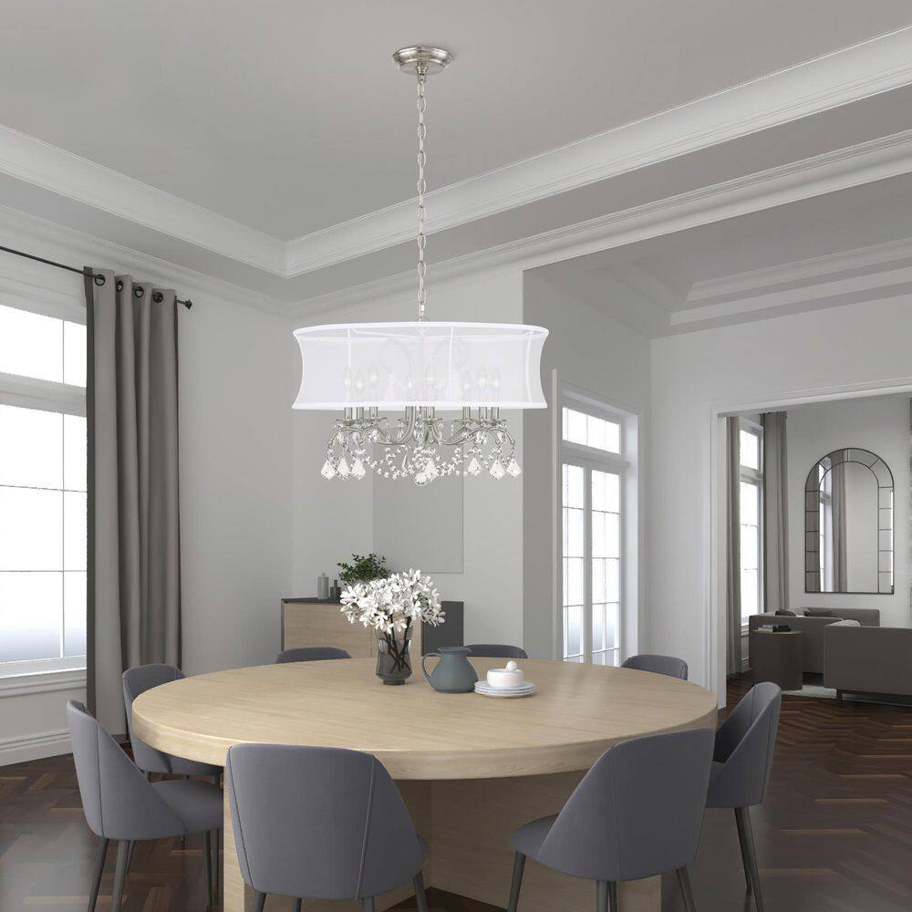 Brushed Nickel and Crystal 8-Light Chandelier with Silk Shade