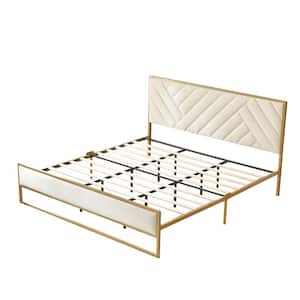 Cream White Frame King Size Velvet Platform Bed with 10 in. Under Bed Storage Supported by Metal and Wooden Slats