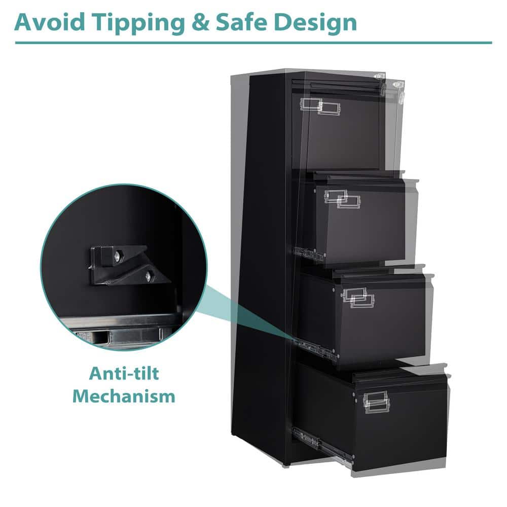 Black Metal Vertical 4-Drawer Lockable File Cabinet
