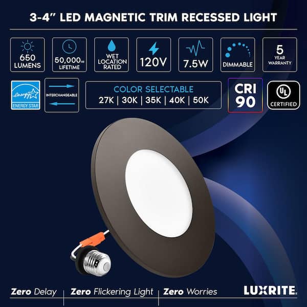3-4 in. Integrated LED Flush Mount & Recessed Light, 7.5W, 5CCT, 650LM, Dimmable, J-Box or 4 in. Housing, Bronze 6 Pack