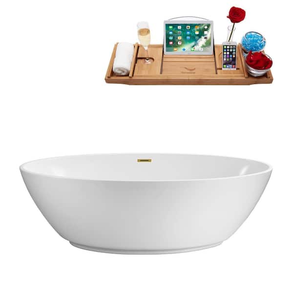 Streamline 63 in. Acrylic Flatbottom Non-Whirlpool Bathtub in Glossy White with Brushed Gold Drain and Overflow Cover