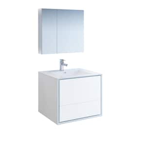 Catania 30 in. Modern Wall Hung Vanity in Glossy White with Vanity Top in White with White Basin and Medicine Cabinet