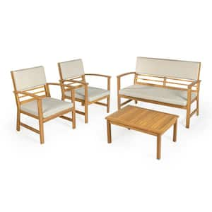 Barclay 4-Piece Modern Coastal Acacia Wood Conversation Outdoor Patio Set with Light Gray/Teak Brown Cushions