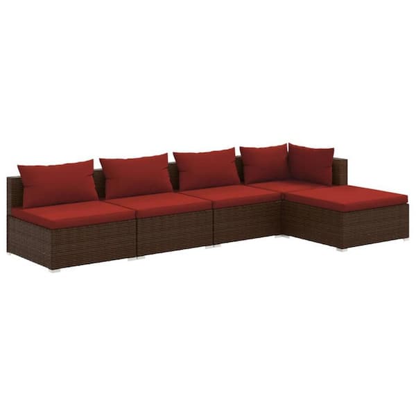 Benjara 5-Piece Brown and Red Wicker Rattan Outdoor Modular Sectional Sofa with Red Cushion