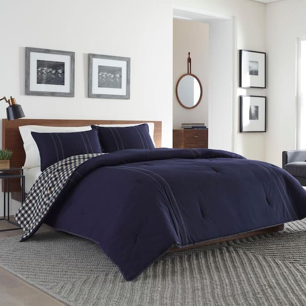 EDDIE BAUER Kingston 3-Piece Navy Blue Plaid Reversible Solid Cotton Full/Queen  Comforter Set 216693 - The Home Depot