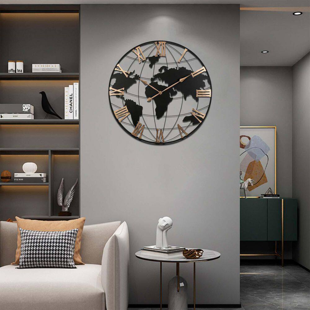36 in. Large World Map Wall Clock Modern Silent Black Metal Wall Clock with