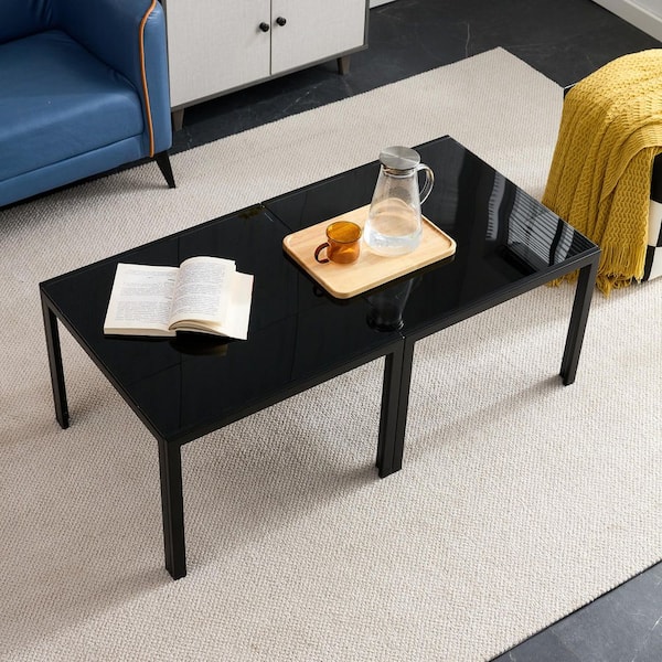 Set of 2 23.2 in. Modern Square Black Tempered Glass Coffee Tables and Black Metal Frame for Living Room