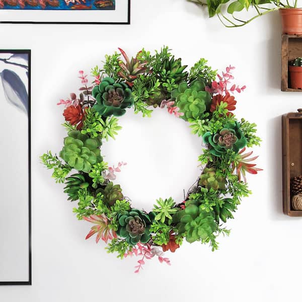 LIVING LUXURY 18 in. Green Burgundy Artificial Mixed Boxwood Succulent Greenery Wreath