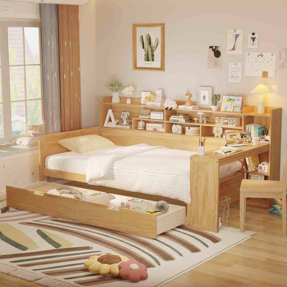 Natural Twin Daybed with Storage Shelves, Two Storage Drawers and Study Desk