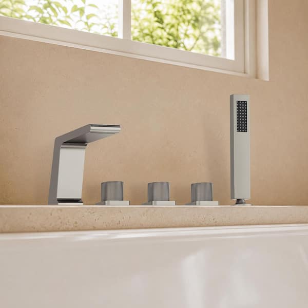 3-Handle Minimalist Tub Deck Mount Roman Tub Faucet with Hand Shower in Brushed Nickel