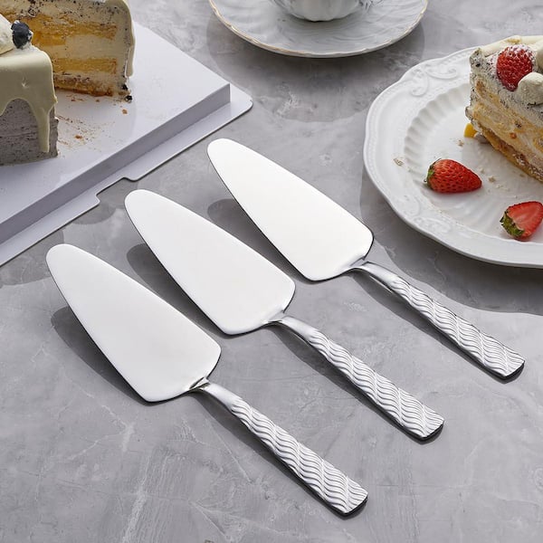 3-Piece Silver Stainless Steel Pie Server Spatula Set with Ripple Handle for Cakes, Pastries, Pizza, Dishwasher Safe