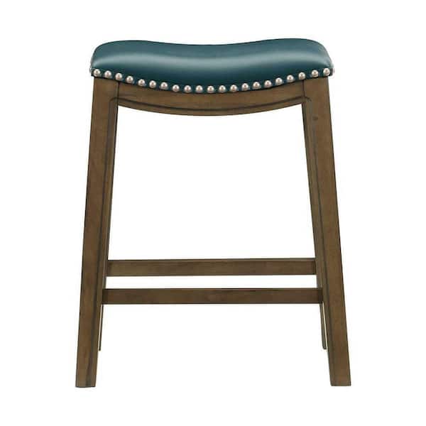 EVERGLADE HOME Pecos 26 in. Brown Backless Wood Frame Saddle Bar Stool with Green Faux Leather Seat