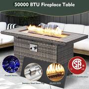 6-Piece Gray Wicker Outdoor Patio Conversation Set with 44 in. Fire Pit and Beige Cushions