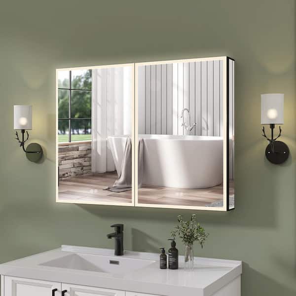 Getpro Lumine 40 in. W x 30 in. H Rectangular Aluminum Medicine Cabinet with Mirrors and LED Lights Recessed or Surface Mount