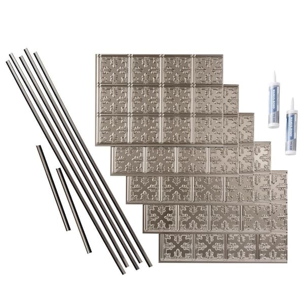 Fasade Traditional 18 in. x 24 in. Brushed Nickel Vinyl Decorative Wall Tile Backsplash 15 sq. ft. Kit