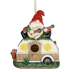 7.5 in. x 9 in. Resin Solar Guitar Gnome on a Camper Hanging Birdhouse