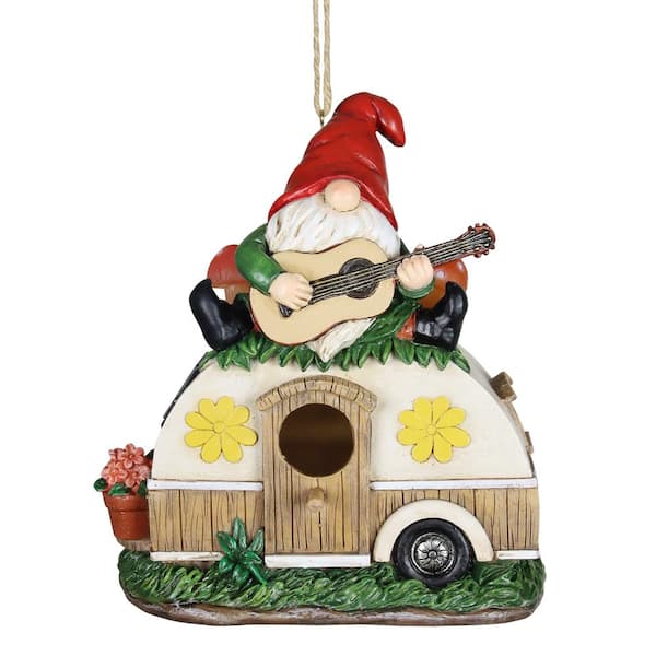Exhart 7.5 in. x 9 in. Resin Solar Guitar Gnome on a Camper Hanging Birdhouse