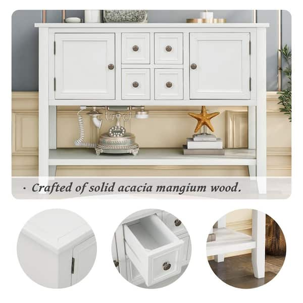 URTR 46 in. White Rectangle Wood Console Sofa Table Buffet Sideboard with 4-Storage Drawers 2-Cabinets and Shelf