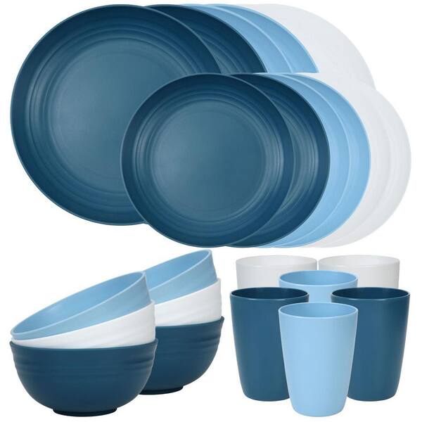 24-Piece Unbreakable Dinnerware Sets, Plastic Dish Set for Camping, Kitchen, Apartment, Blue