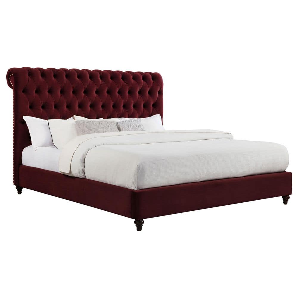 Devon Wine Red Wood Frame Upholstered California King Panel Bed with Tufted Rolled High Headboard price history on PriceWatchPro