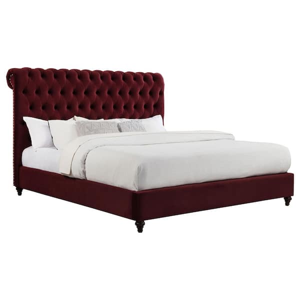 Devon Wine Red Wood Frame Upholstered California King Panel Bed with Tufted Rolled High Headboard