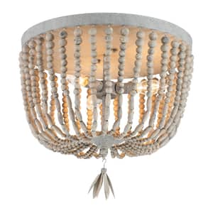15.75 in. 3-Lights Vintage Grey Flush Mount with Weathered Gray Wash Wood Beads