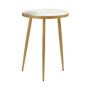 16 in. White and Gold Round Marble Accent Table