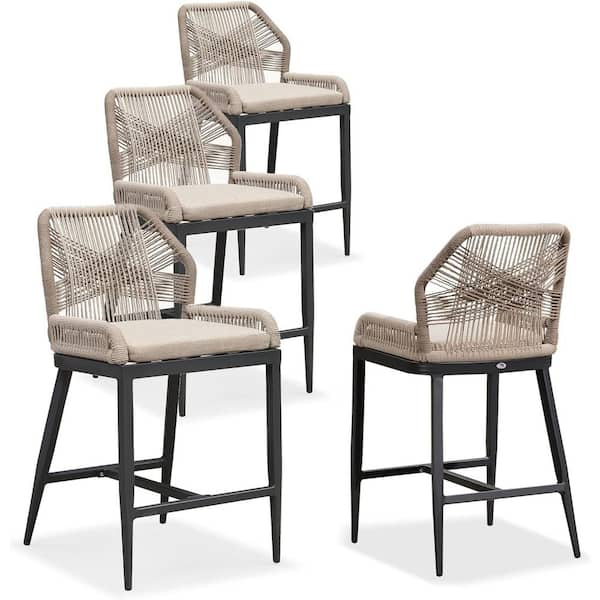 Modern Aluminum Twill Wicker Woven Counter Height Outdoor Bar Stool with Back and Dark Gray Cushion (4-Pack)